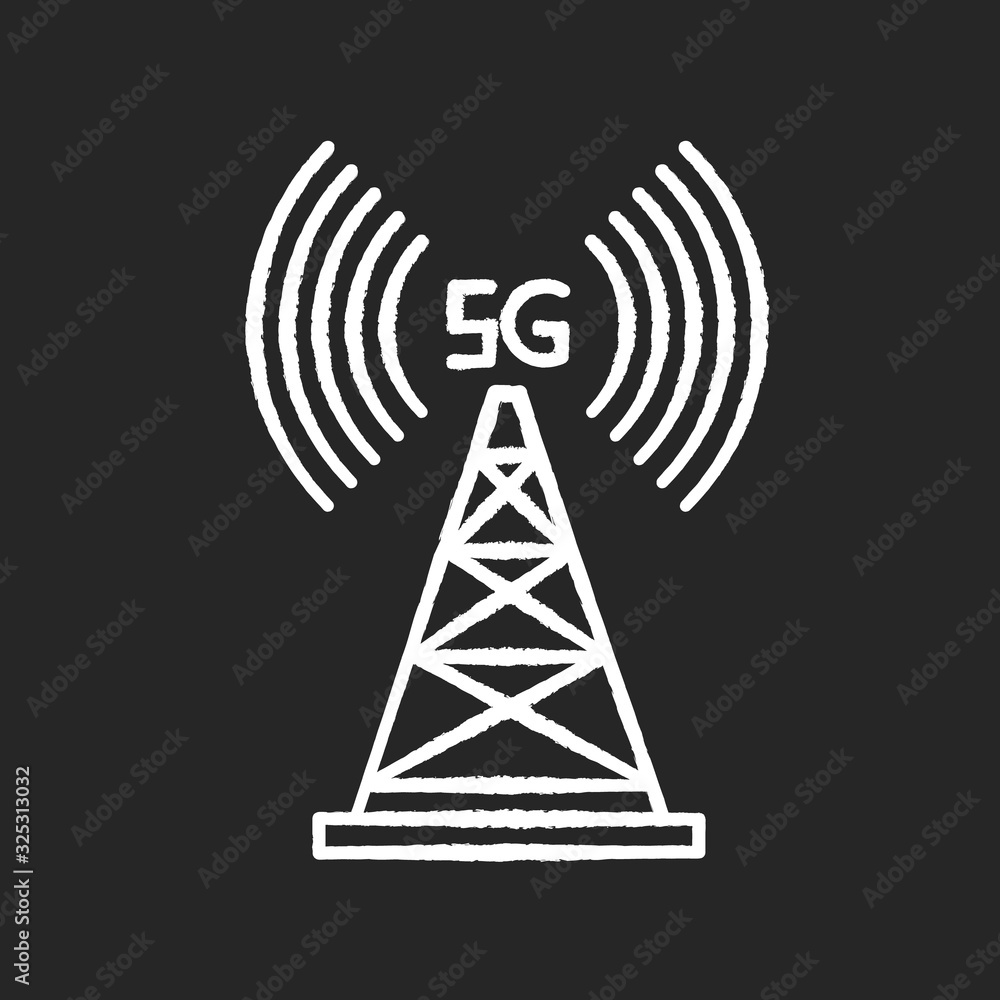 5G cell tower chalk white icon on black background. Wireless technology. Fast connection. Mobile cellular network coverage. Telecommunications antenna. Isolated vector chalkboard illustration 5G cell tower chalk white icon on black background. Wireless technology. Fast connection. Mobile cellular network coverage. Telecommunications antenna. Isolated vector chalkboard illustration