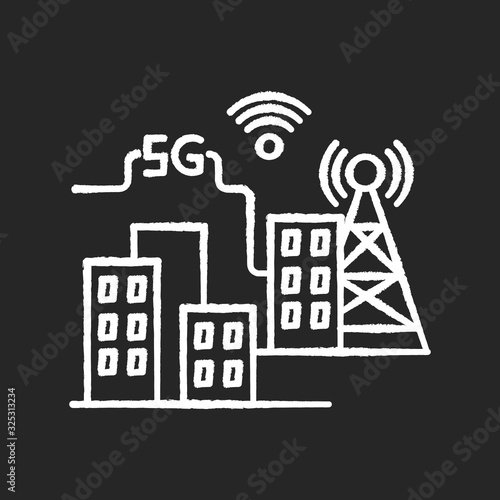 5G smart city chalk white icon on black background. Improved urban infrastructure. Mobile cellular network coverage. Wireless technology. Isolated vector chalkboard illustration