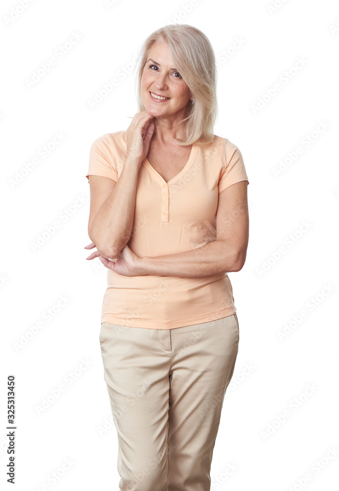 Senior blonde woman is smiling toothy isolated Senior blonde woman is smiling toothy isolated