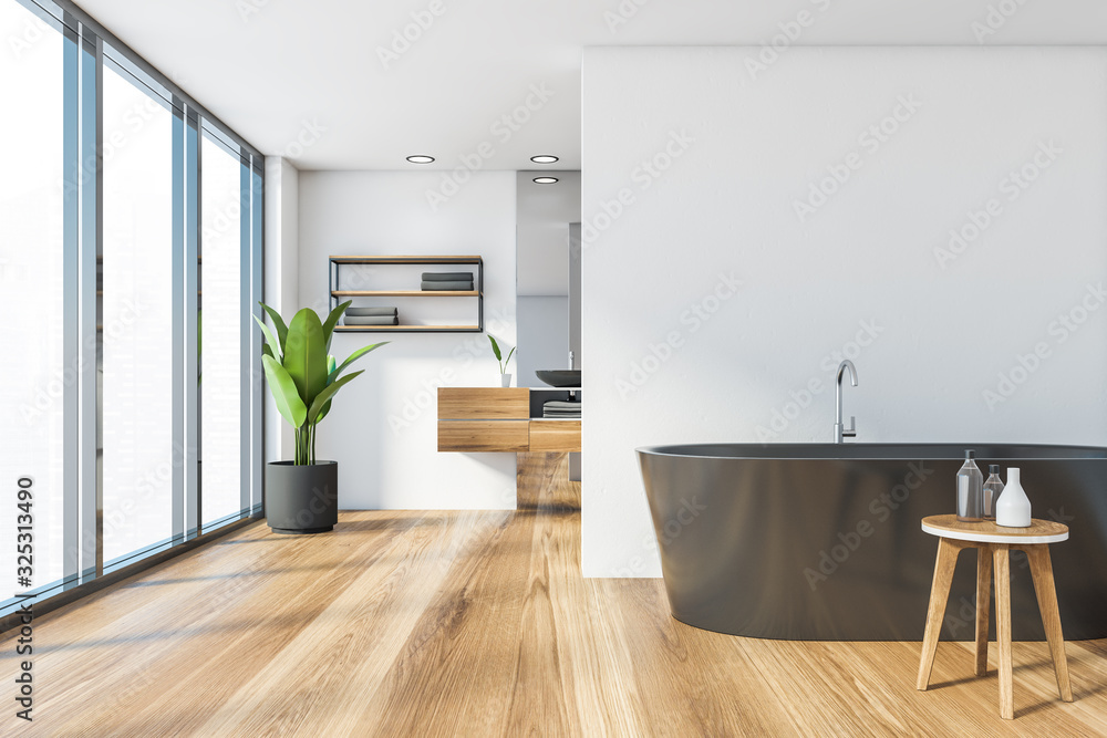 Fototapeta premium Panoramic white bathroom interior, sink and tub