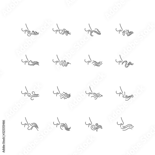 Nose smelling scent pixel perfect linear icons set. Good and bad odor. Aromatic fragrance. Fume swirls. Customizable thin line contour symbols. Isolated vector outline illustrations. Editable stroke