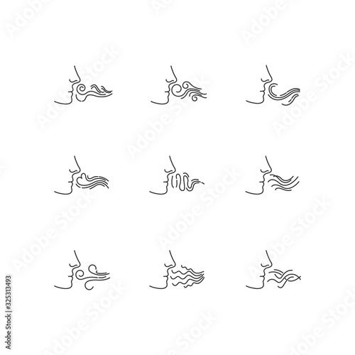 Nose smelling scent pixel perfect linear icons set. Person sniffing good and bad odor. Fume swirls. Customizable thin line contour symbols. Isolated vector outline illustrations. Editable stroke