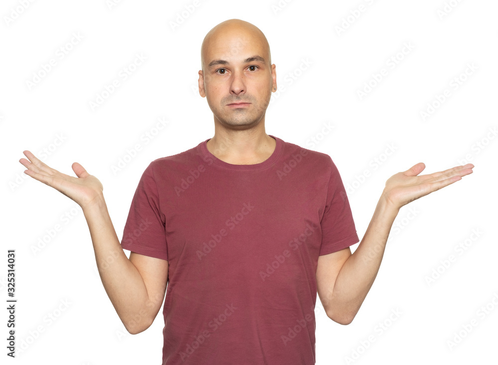 Bald man with raised hands isolated on white Bald man with raised hands isolated on white