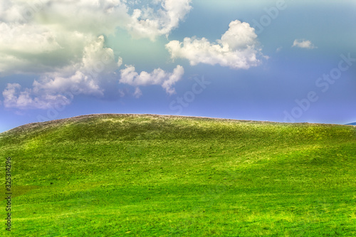 Blue sky and green grass on hill in summer