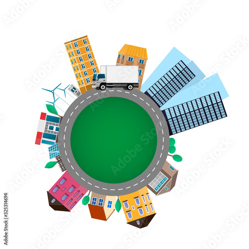 Delivery by truck. Round the city. Vector illustration
