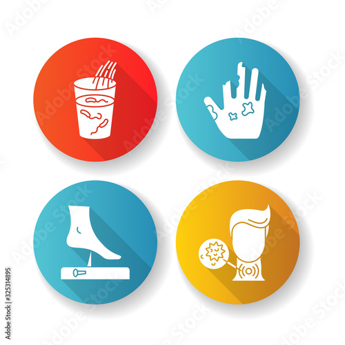 Endemic diseases flat design long shadow glyph icons set. Cholera, leprosy, tetanus and diphtheria viruses. Medical diagnosis. Different bacterial infections silhouette RGB color illustration