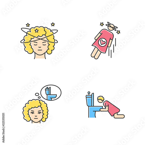 Early pregnancy symptom RGB color icons set. Lady with dizziness. Woman fainting. Frequent urination urge. Vomiting from nausea. Sick from food poisoning. Isolated vector illustrations