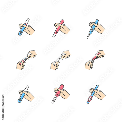 Early pregnancy sign RGB color icons set. Positive test for pregnant woman. Two lines. Surprise result. Expectant motherhood. Fertility and ovulation. Gynecology check. Isolated vector illustrations
