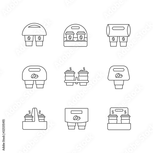 Paper cup holders pixel perfect linear icons set. Customizable thin line contour symbols. Coffee to go packages. Takeaway cardboard carriers. Vector isolated outline drawing. Editable strokes