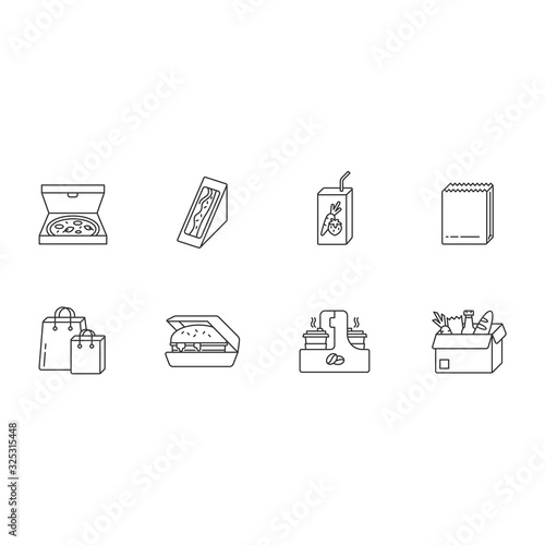 Takeaway food pixel perfect linear icons set. Customizable thin line symbols. Carry out packages. Fast food delivery. Packed pizza, sandwich. Takeout lunch. Vector outline drawing. Editable strokes