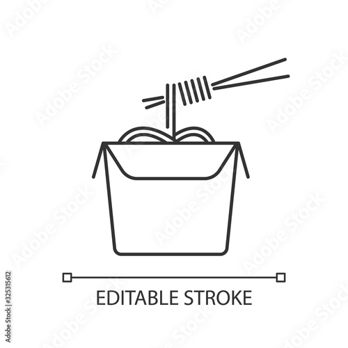 Chinese noodles pixel perfect linear icon. Thin line customizable illustration. Wok cafe food box. Japanese spaghetti takeout. Take away meal. Contour vector isolated outline drawing. Editable stroke