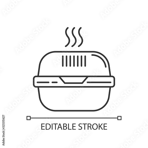 Burger box pixel perfect linear icon. Thin line customizable illustration. Fast food container. Takeaway packaging. Plastic lunchbox for hot meal. Vector isolated outline drawing. Editable stroke