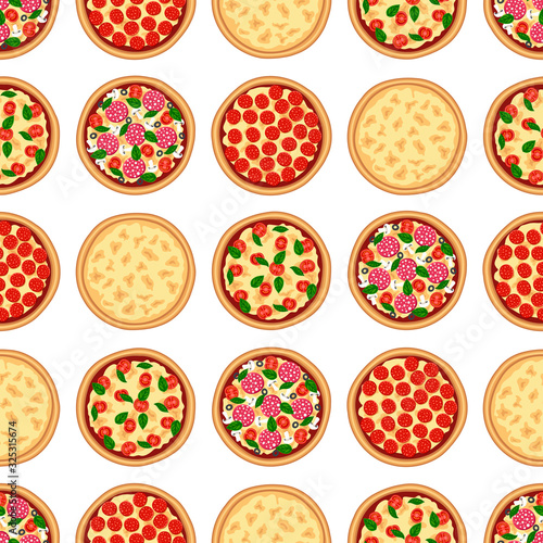 Flat pizza seamless pattern. Italian fast food background margherita, pepperoni, four cheese. Abstract texture for print, paper, kitchen design, fabric, cafe decor, wrap, menu, ad. Vector illustration