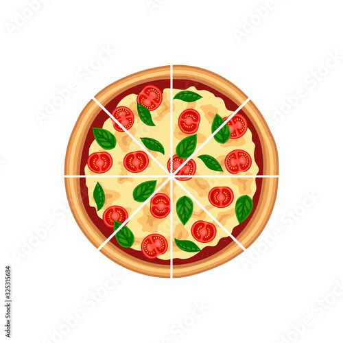 Tasty sliced pizza margherita with tomato, cheese, basil top view isolated on white background. Flat traditional italian fast food icon. Vector illustration for web, advert, menu