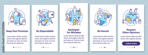Good friends relationship onboarding mobile app page screen with concepts. Be honest and dependable walkthrough 5 steps graphic instructions. UI vector template with RGB color illustrations