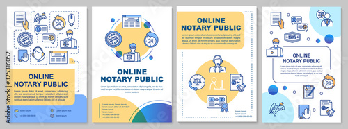 Online notary public brochure template. Professional legal consultation. Flyer, booklet, leaflet print, cover design with linear icons. Vector layout for magazines, annual reports, advertising posters photo