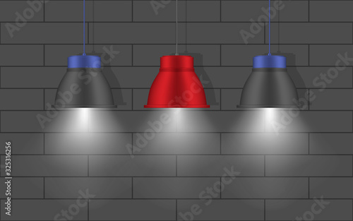 Three hanging pendant lamps near the wall. Modern interior lights. Chandeliers with metal lampshades. Gray, blue, red colors. Realistic vector illustration
