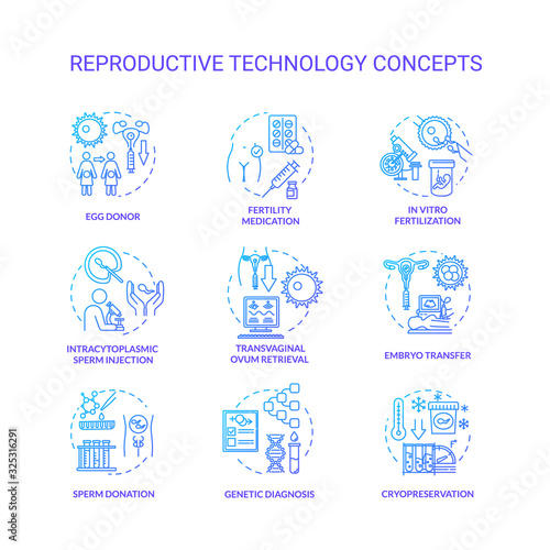 Reproductive technology blue concept icons set. In vitro fertilization. Semen, embryo donor. Alternative pregnancy idea thin line RGB color illustrations. Vector isolated outline drawings