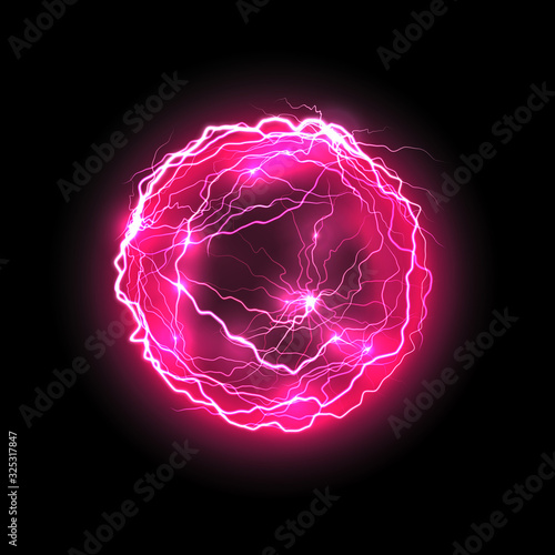 Vector purple energy ball with lightings. Electricity violet bolt or magic orb, glowing plasma or night thunder spark, electric flare, shock or storm. Realistic thunderbolt. Party and music, science