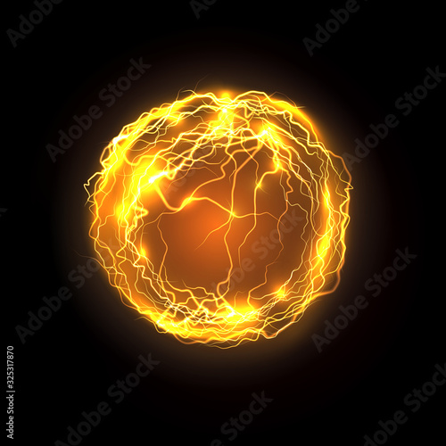 Magic power bolt and lightning. Realistic vector energy ball or magical orb, plasma abstract background. Yellow or golden thunderbolt, storm or space effect. Music and party, nightclub theme