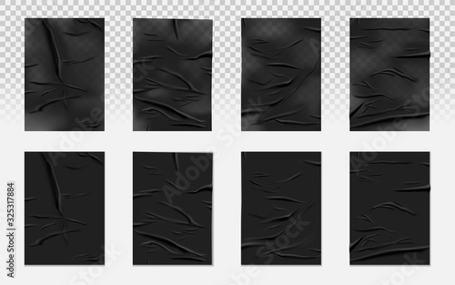 Realistic vector glued paper or wet wrinkled tape, crumpled adhesive badge. Piece of torn up duct tape, scrunched sticker on transparent background. Set of isolated ripped strip. Sellotape