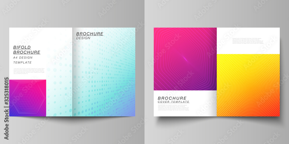 Fototapeta premium Vector layout of two A4 format modern cover mockups design templates for bifold brochure, magazine, flyer, booklet, annual report. Abstract geometric pattern with colorful gradient business background