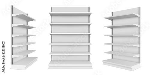 Set of realistic supermarket showcase with shelves. Vector mockup of market or mall counter for retail. Shop product display or store stall. Indoor or interior product placement concept.Shelf and rack