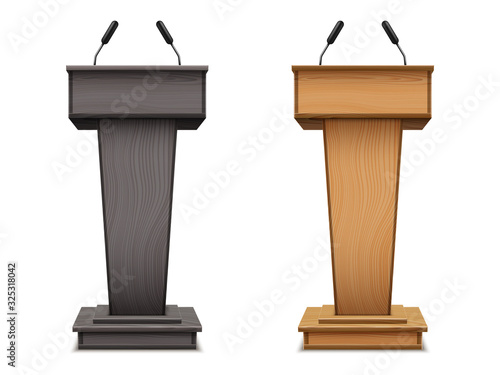 Set of wooden podium or speech tribune, debate black stand or pulpit with microphone. Realistic platform with mic. Speech grandstand for spokesman, politician, press conference stage, election