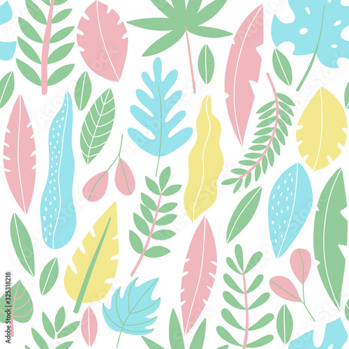 Ieaves hand drawn seamless pattern. Exotic, tropical foliage plant wrapping p...