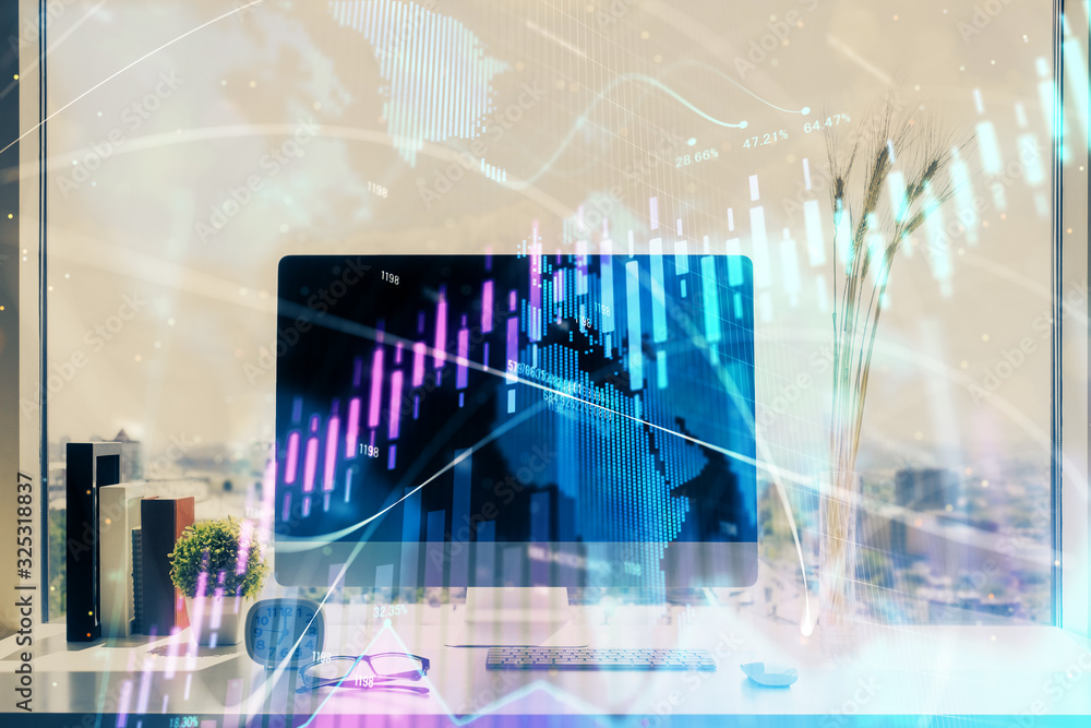 Stock market graph on background with desk and personal computer. Double exposure. Concept of financial analysis. Stock market graph on background with desk and personal computer. Double exposure. Concept of financial analysis.
