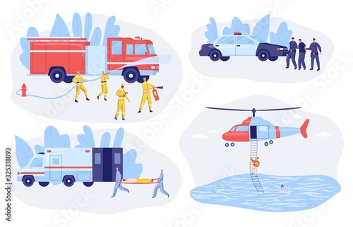 Emergency service police, ambulance, firefighters and rescue vector illustration. Dangerous job in protection and security services, professionals and volunteers cartoon character. Emergency concept