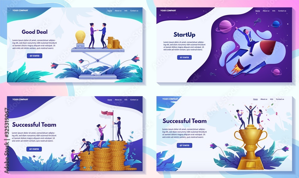 Successful business website concept, set of vector illustrations. Business project, teamwork and company strategy presentation. Creative concept for businesspeople landing page, corporate website