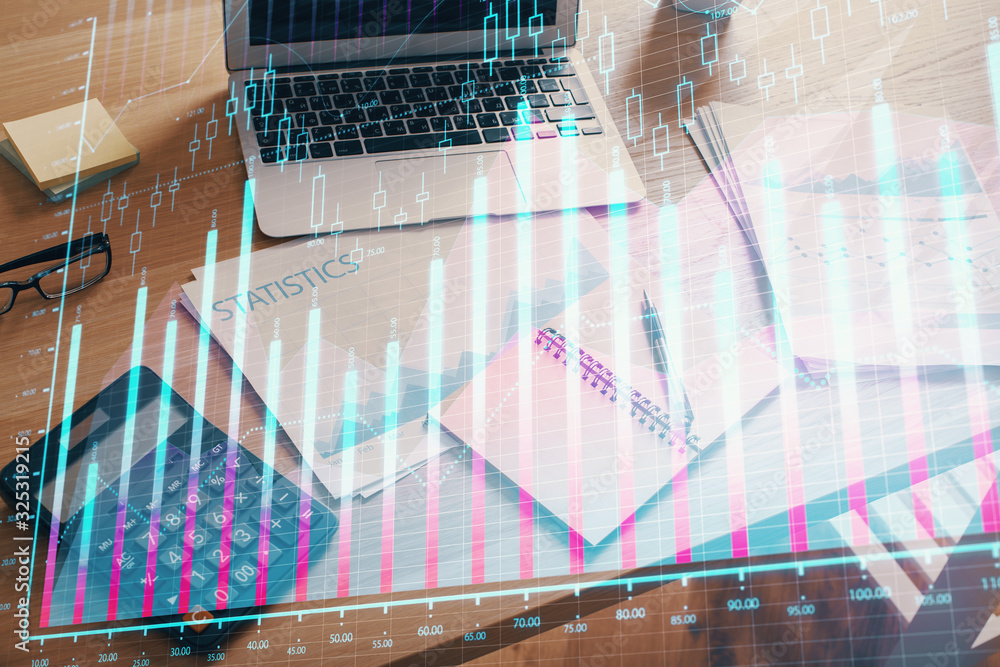 Double exposure of forex chart and work space with computer. Concept of international online trading. Double exposure of forex chart and work space with computer. Concept of international online trading.