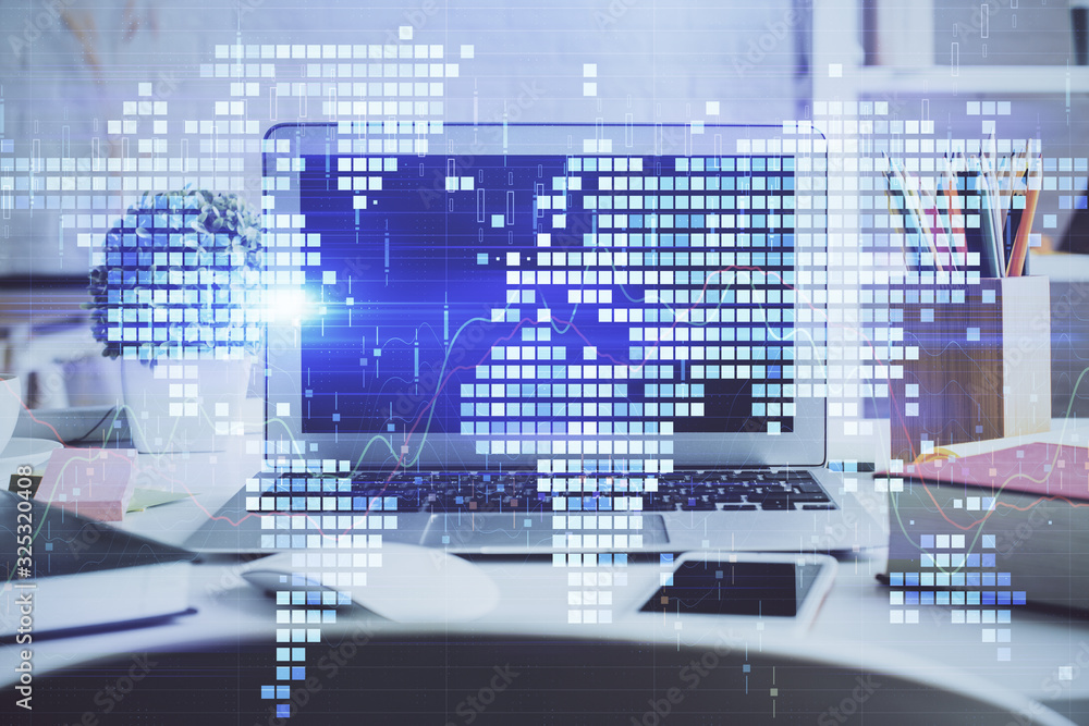 Multi exposure of business theme icons and work space with computer background. Concept of success. Multi exposure of business theme icons and work space with computer background. Concept of success.