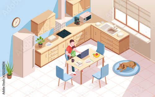 Remote worker at kitchen doing work and using notebook. Man a cup of coffee and child at room with dog. Freelancer employee at home work with kid. Isometric vector interior. Freelance, remote work © Sensvector