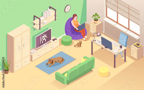 Woman designer sitting at chair bag with notebook doing remote work. Freelancer female using laptop for job. Home office at living room with cat and dog, computer table. Cozy workplace for freelance