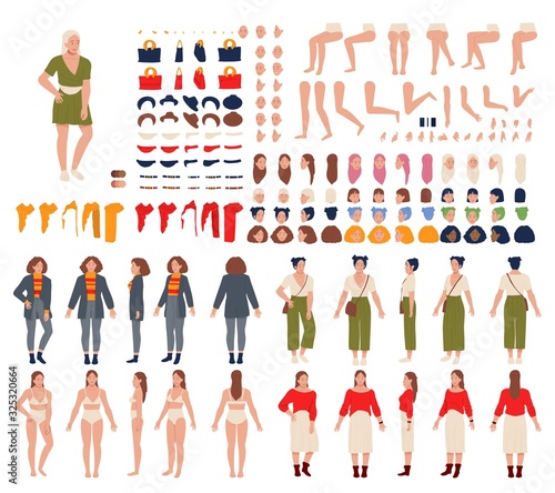 Woman cartoon character constructor set vector illustration. Woman in different poses, isolated editable body parts and clothes. Female character generator, constructor kit with interchangeable parts