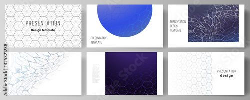 Vector layout of the presentation slides design business templates. Digital technology and big data concept with hexagons, connecting dots and lines, polygonal science medical background.