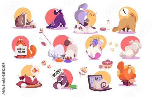 Set of funny cat icons, cute pet cartoon character vector illustration. Domestic animal stickers collection, cat in different poses, situations and emotions. Funny cat playing, eating and sleeping