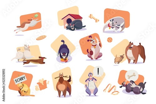 Set of funny dog icons, cute pet cartoon character vector illustration. Domestic animal stickers collection, dog in different poses, situations and emotions. Funny dog playing, eating and sleeping