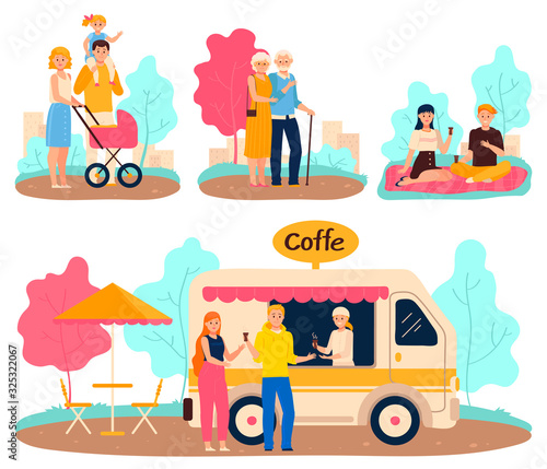 People in park, family walk and romantic date, cartoon character vector illustration. Happy family with stroller, elderly couple walking, friends drink coffee. Set of cartoon scenes, day in city park