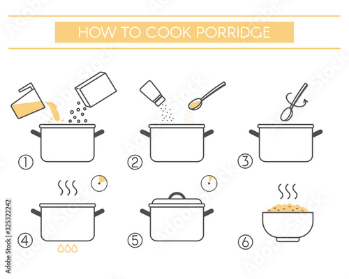 Instructions for the preparation of food. Steps how to cook porridge. Vector elements on a white background.