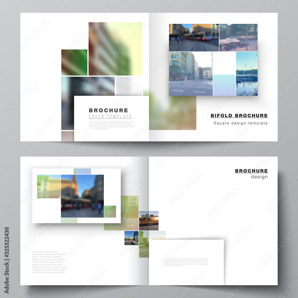 Vector layout of two covers templates for square design bifold brochure, flyer, magazine, cover design, book design, brochure cover. Abstract project with clipping mask green squares for your photo.