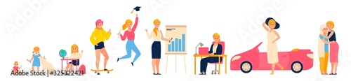 Life cycle of woman, stages of growing up from baby to adult, vector Illustration. Aging process life of average woman. Childhood, education, successful career. Different life stages cartoon character