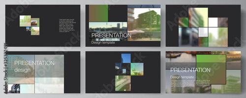 Vector layout of the presentation slides design business templates  multipurpose template for presentation brochure  brochure cover. Abstract project with clipping mask green squares for your photo.