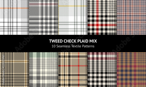 Seamless glen plaid pattern set. Fabric tartan texture in black, red,white, green, brown for jacket, coat, skirt, dress, or other modern autumn, winter, and spring tweed textile print.