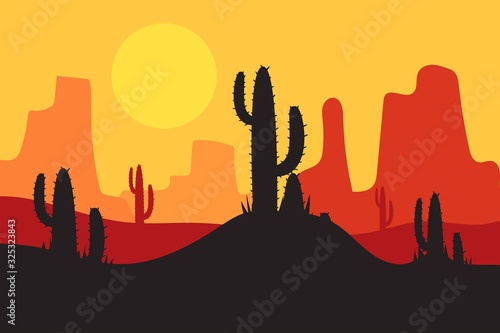 beautiful landscape of desert landscape with cactus mountains  abstract desert background vector illustration template suitable for landing page banner magazin poster and others