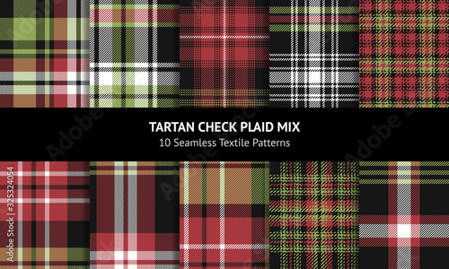 Plaid pattern set. Seamless tartan check plaid graphic in pink red, green, nearly black, and green for scarf, blanket, shirt, throw, upholstery, or other modern winter fabric design.