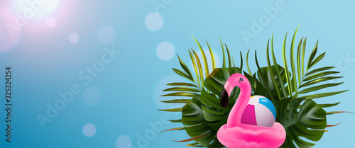 Tropical bird with jungle floral. Flamingo banner. Floral illustration. Vector jungle illustration. Colorful inflatable flamingo