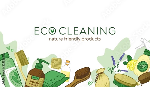 Horizontal banner with decorative eco and non-toxic cleaning elements. Template for a home cleaning service with nature-friendly tools. The concept of green house. Cartoon flat vector illustration. 